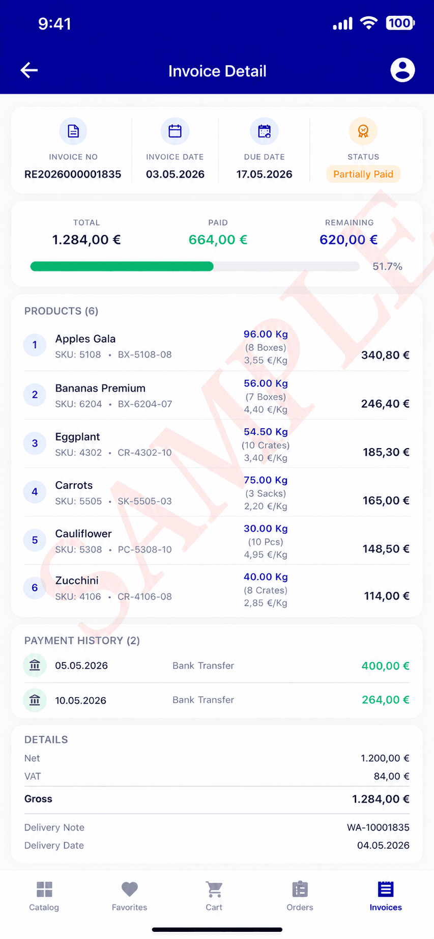 StackOps mobile — invoice detail with scan-to-pay