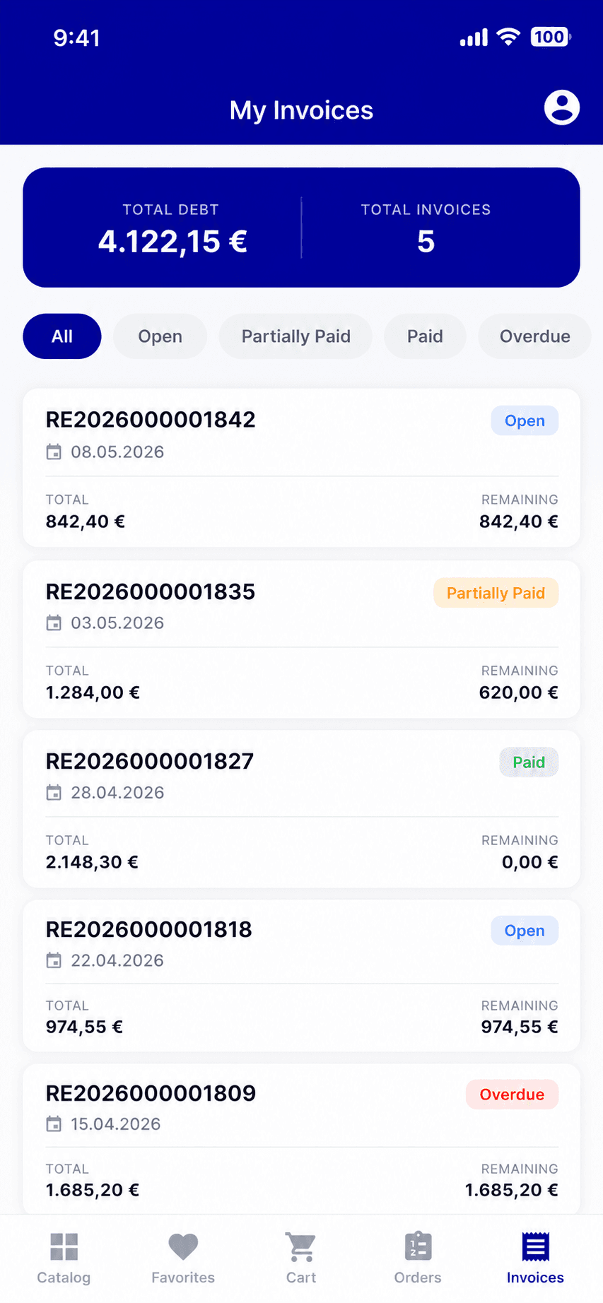 StackOps mobile — customer portal invoices list
