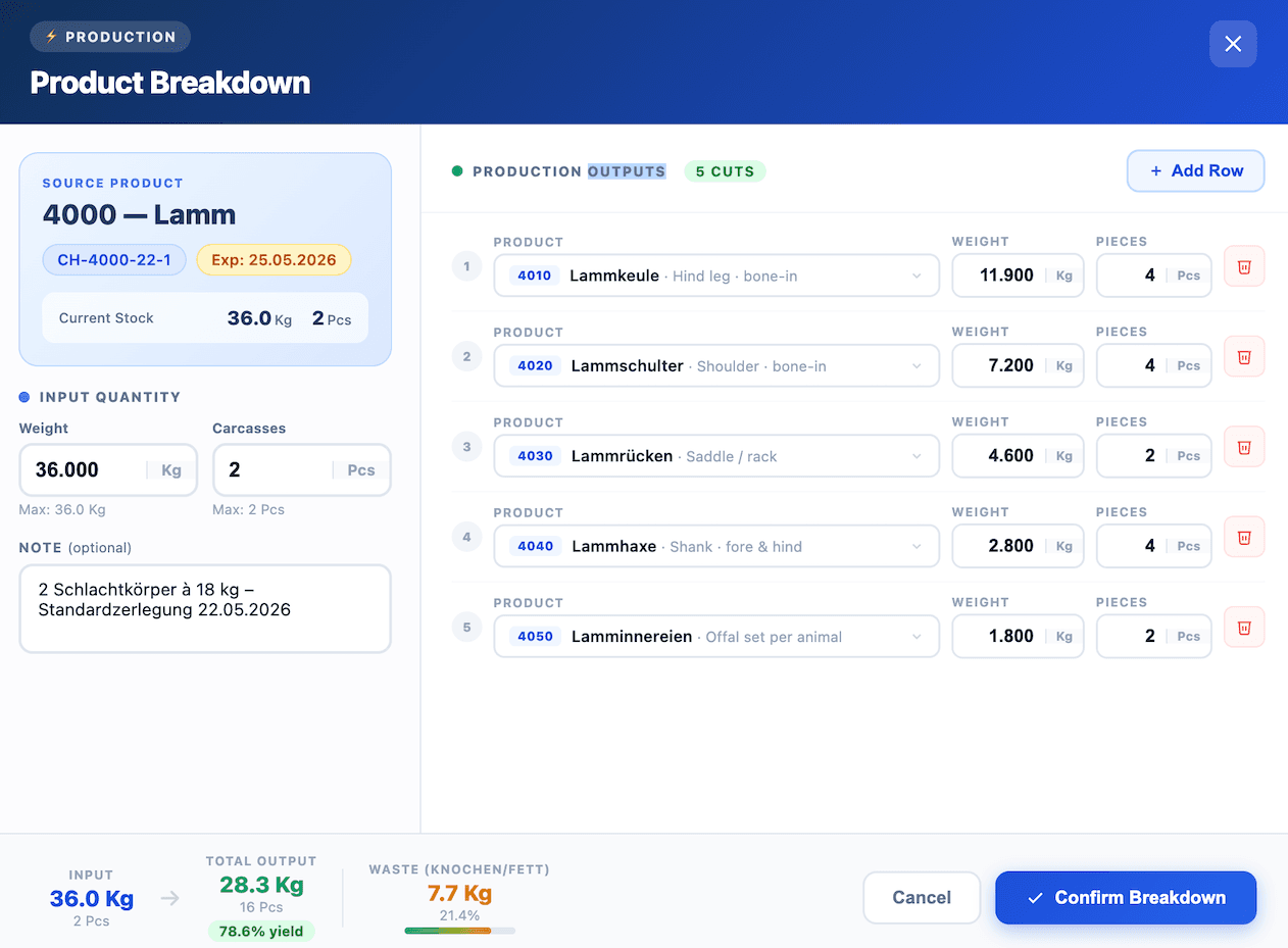 StackOps web — product breakdown carcass to cuts execution