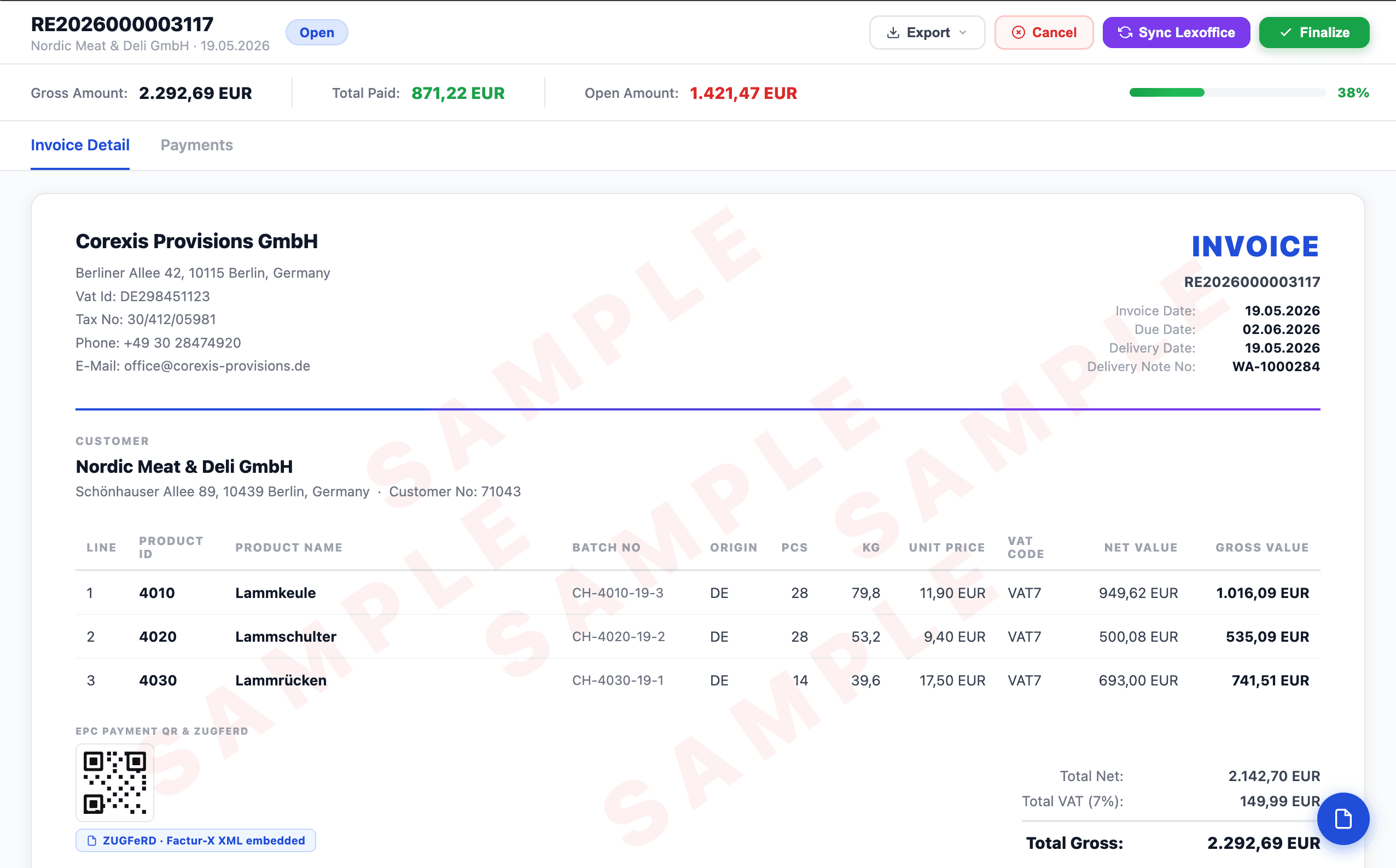 StackOps web — ZUGFeRD invoice with Factur-X XML and EPC QR