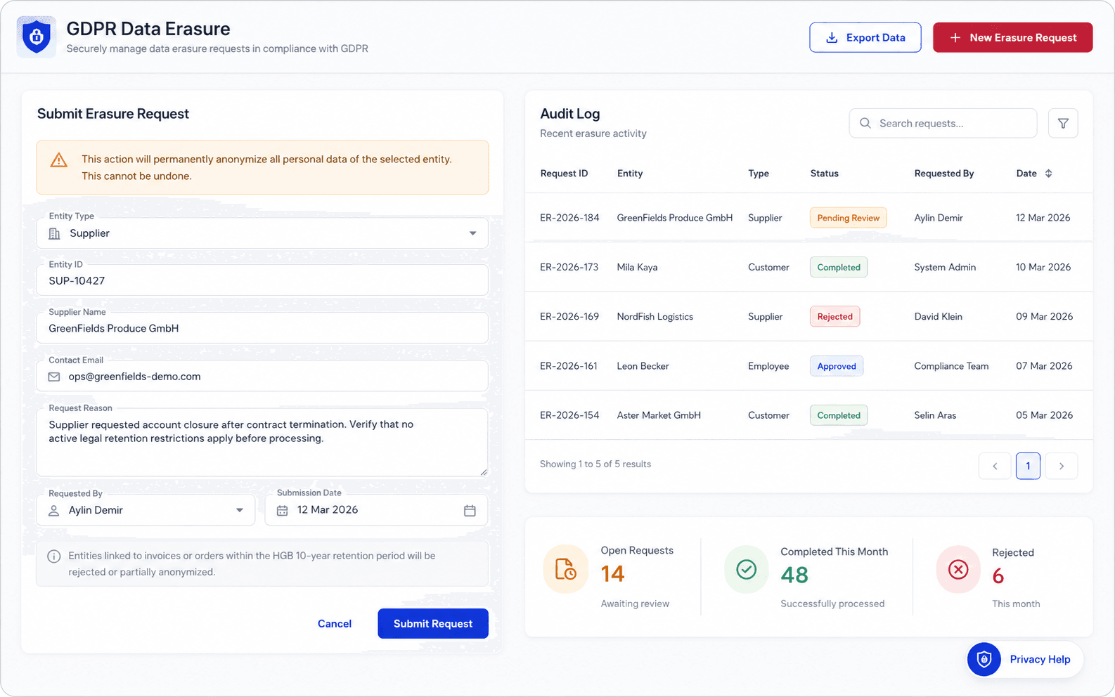 StackOps web — GDPR erasure request and audit log