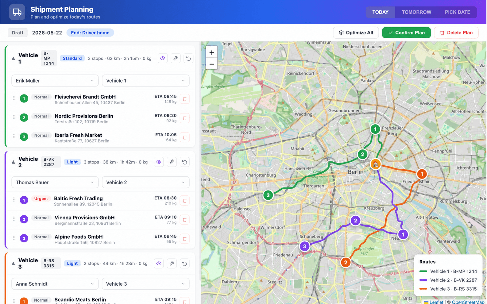 StackOps web — shipment planning route map with OR-Tools and OSRM